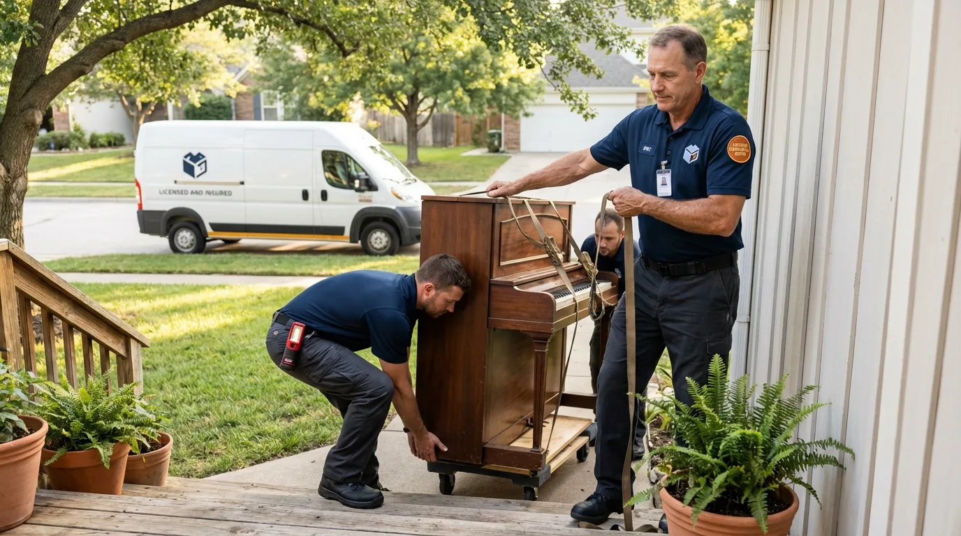 Licensed piano movers securing grand piano in Gold Hill, OR