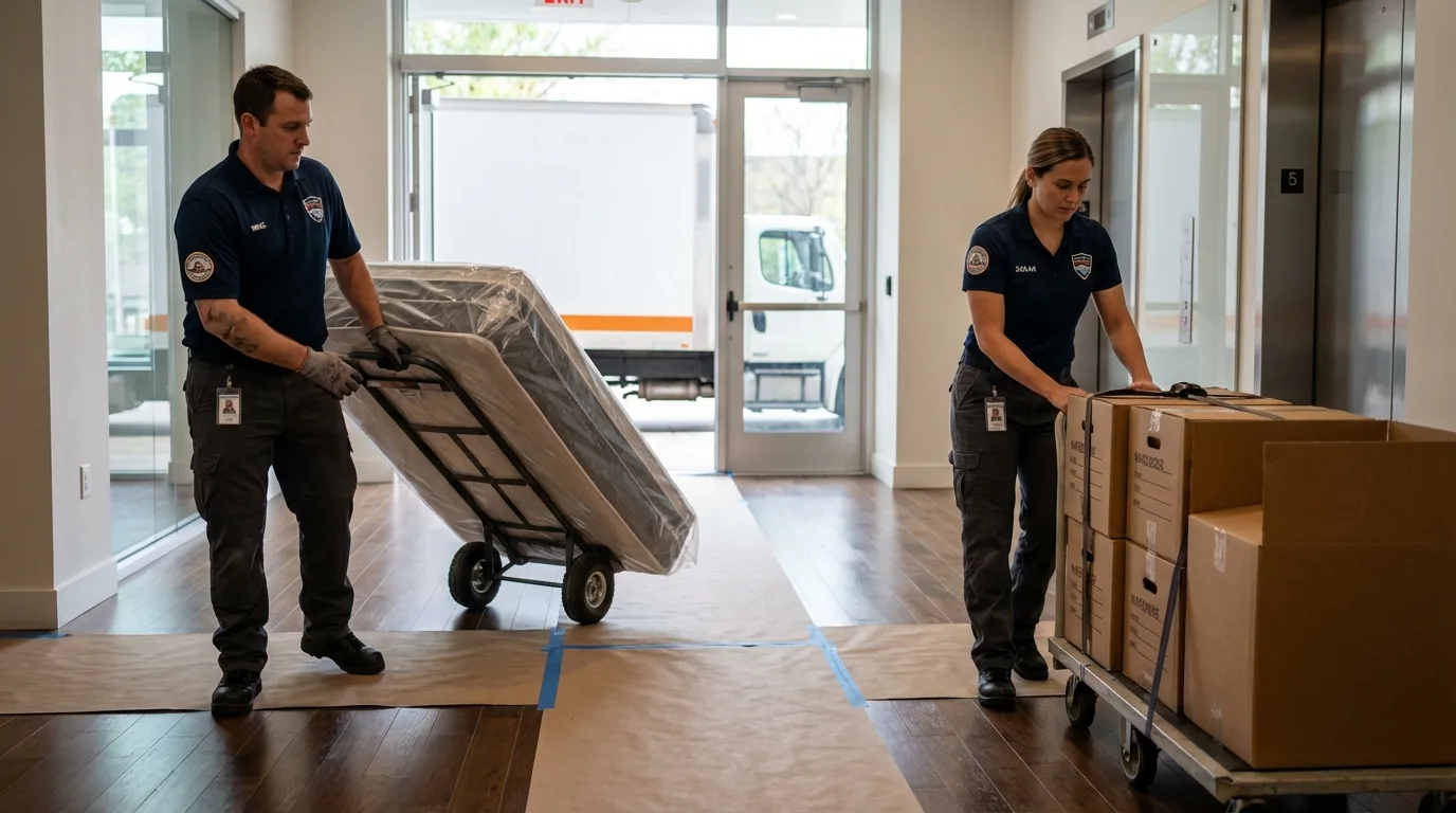 Professional apartment movers loading elevator in Gold Hill, OR