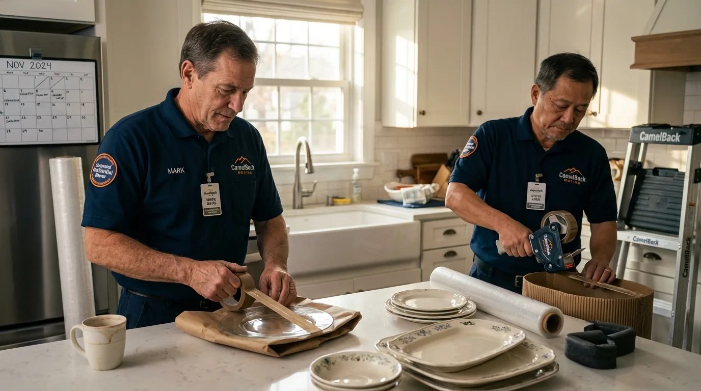 Professional crew packing kitchen dishware in Gold Hill, OR